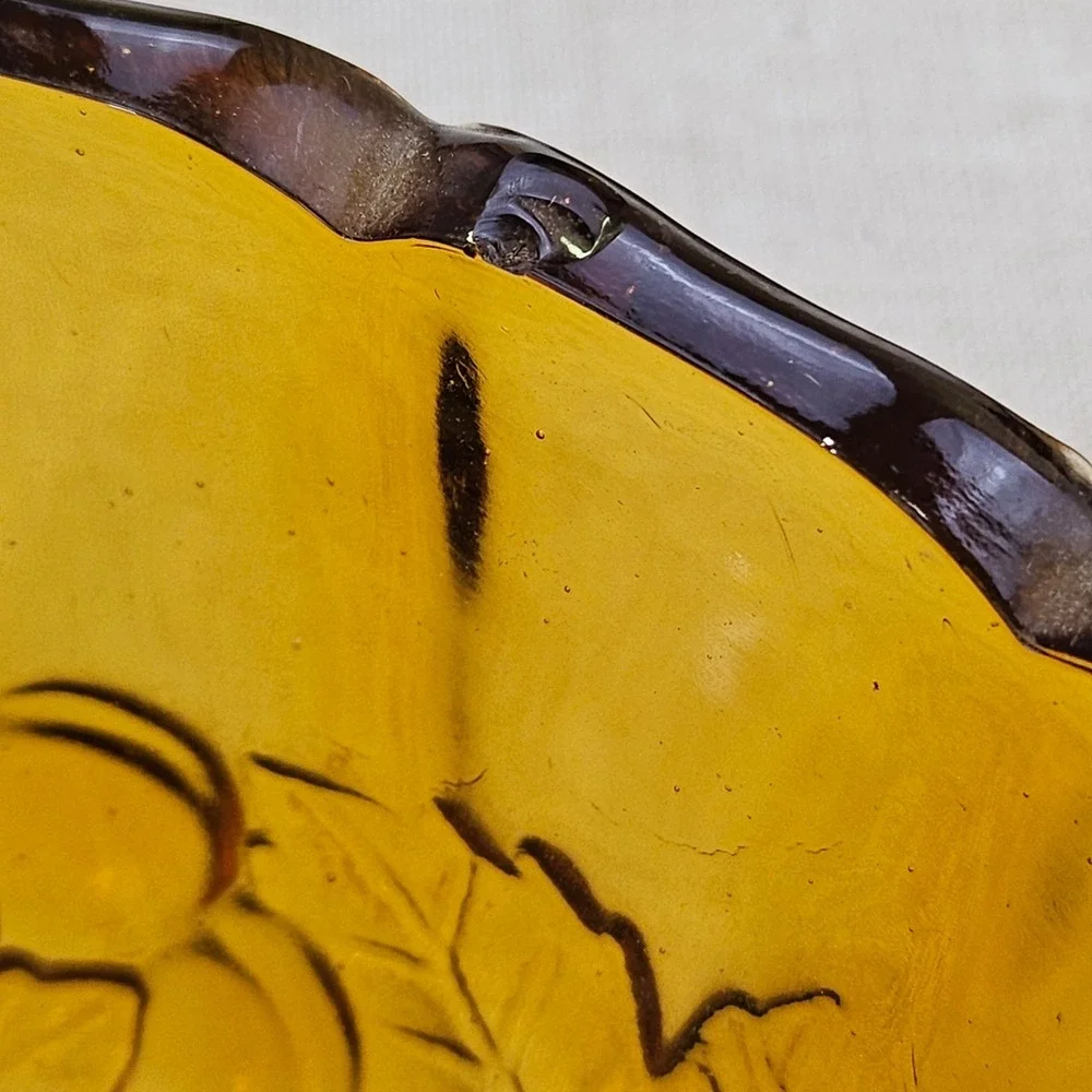 Vintage Amber Indian Glass Fruit Bowl Footed Oval Scalloped Rim Embossed Fruit
